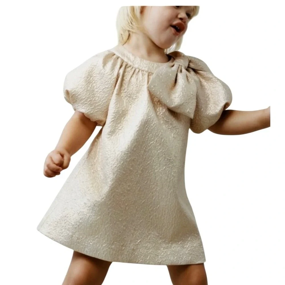 Zara‎ Baby Girl Holiday Dress 12-18 months Gold Bow Party Dressy Champagne Cute